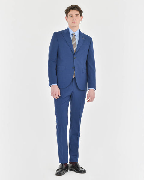blue slim damier suit in stretch wool blend