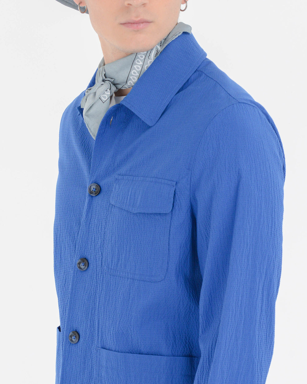 light blue seersucker stretch cotton blend overshirt