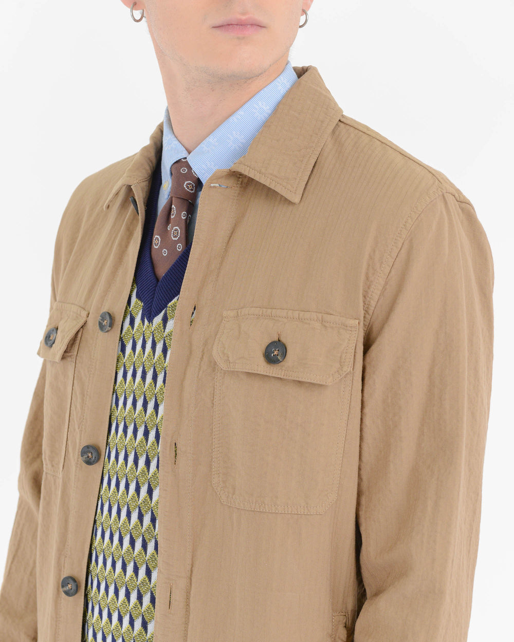 beige cotton blend ton sur ton pinstripe overshirt