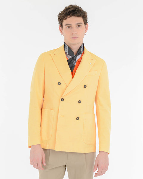 yellow stretch linen cotton garment dyed double-breasted blazer