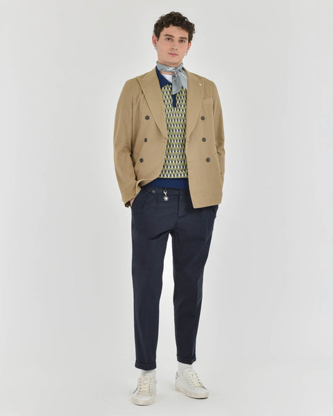 beige stretch linen cotton garment dyed double-breasted blazer