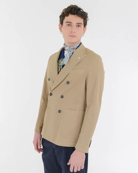 beige stretch linen cotton garment dyed double-breasted blazer