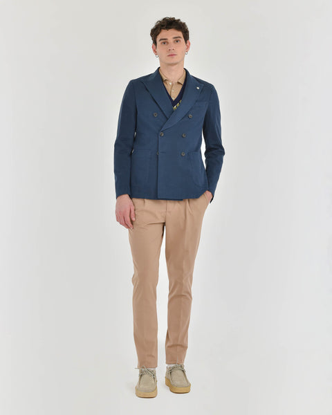 blue stretch linen cotton garment dyed double-breasted blazer