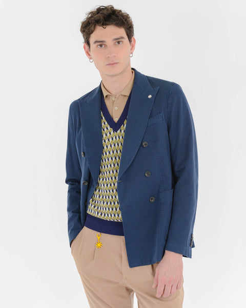 blue stretch linen cotton garment dyed double-breasted blazer