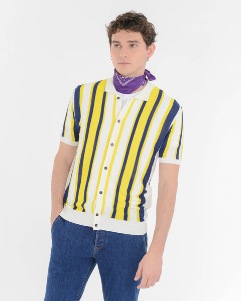 white cotton crepe multi-striped knit shirt