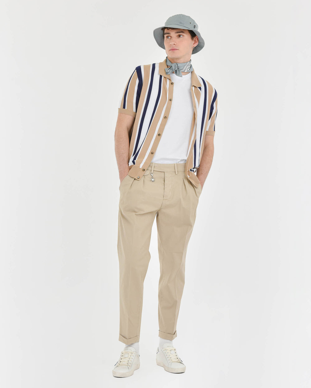 beige cotton crepe multi-striped knit shirt