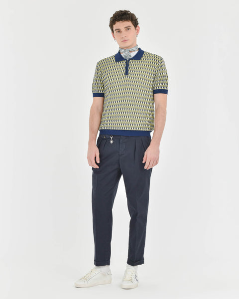 blue short-sleeved jacquard cotton crepe polo shirt