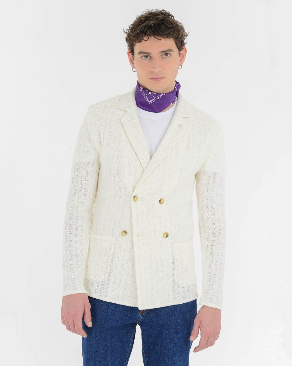 white double-breasted regimental knitted jacket ton sur ton