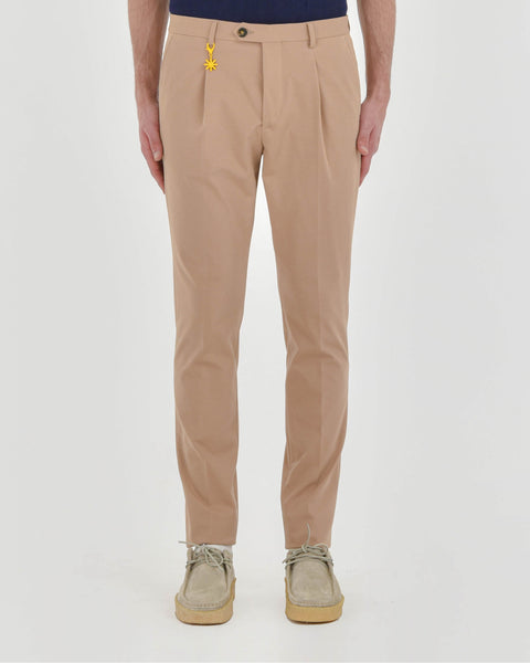beige stretch milan stitch pleat trousers