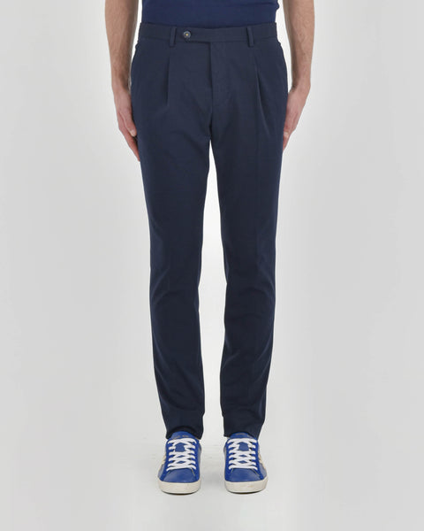 blue stretch milan stitch pleat trousers