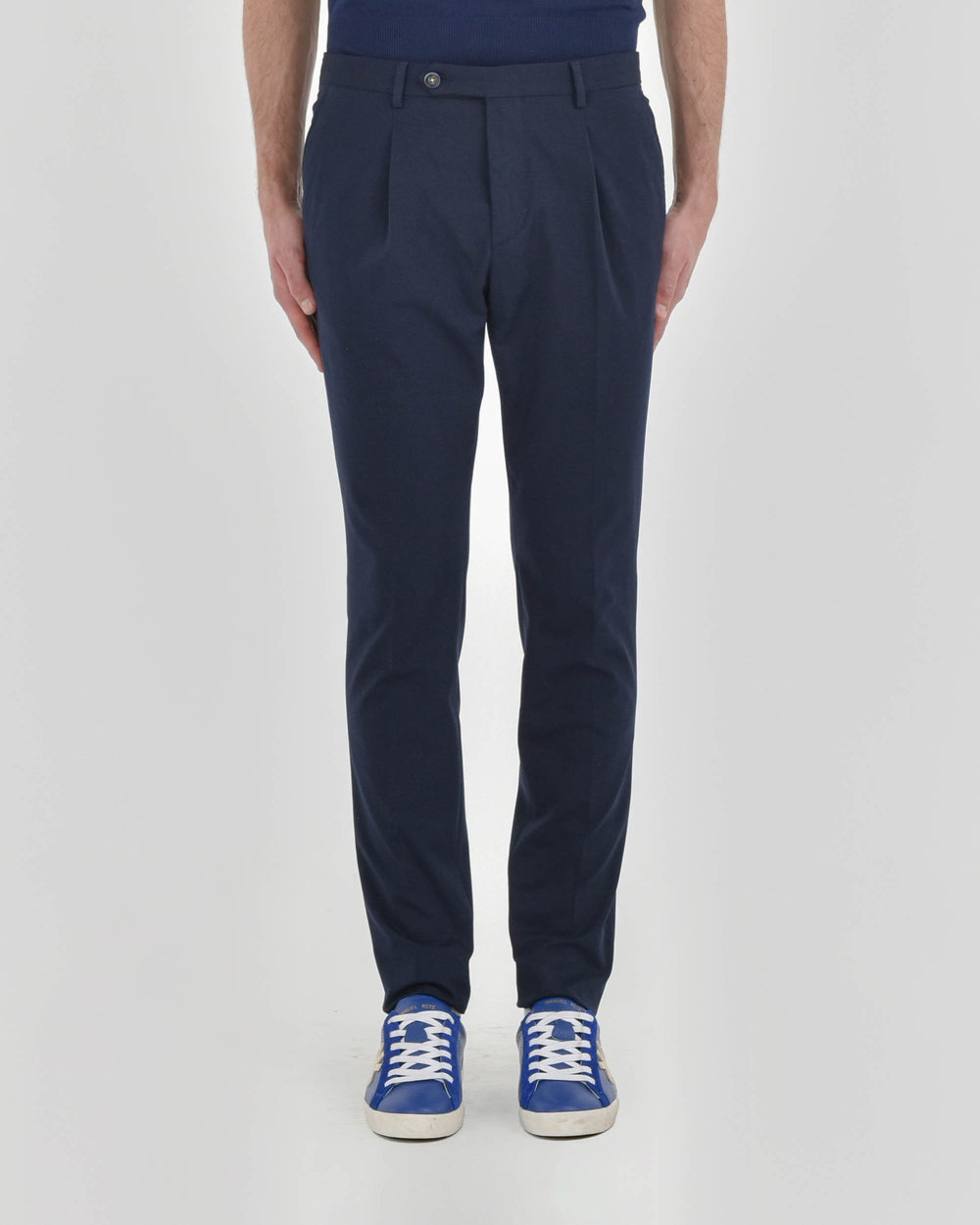 blue stretch milan stitch pleat trousers Manuel Ritz Official