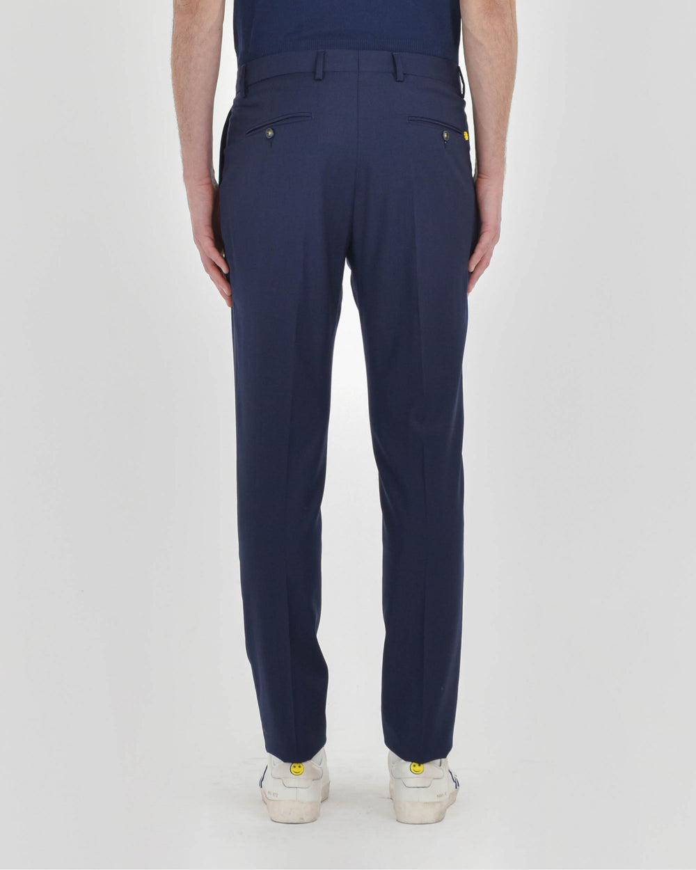 blue stretch wool canvas slim pleat trousers