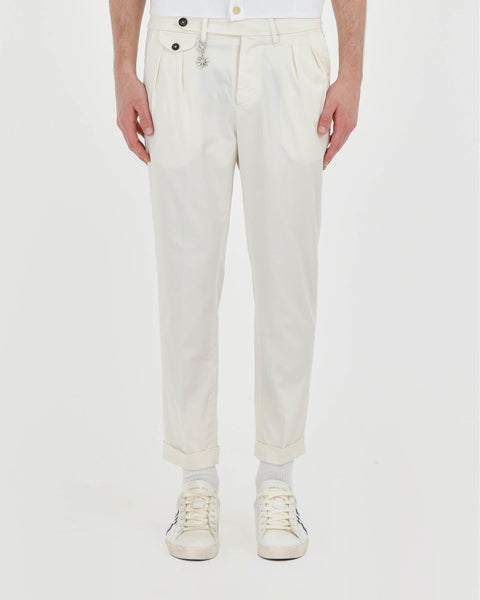 white stretch cotton twill baggy double pleat trousers