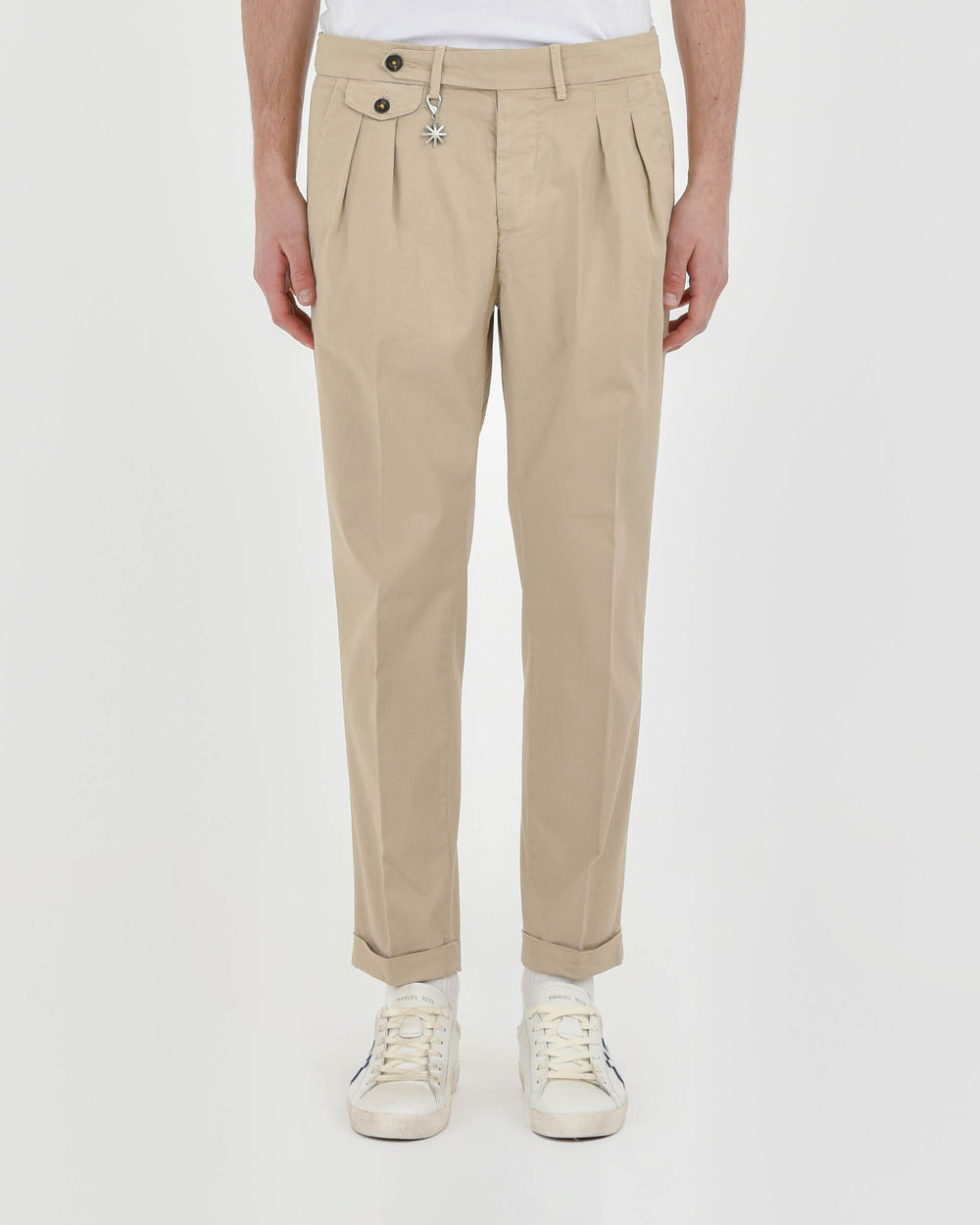 beige stretch cotton twill baggy double pleat trousers