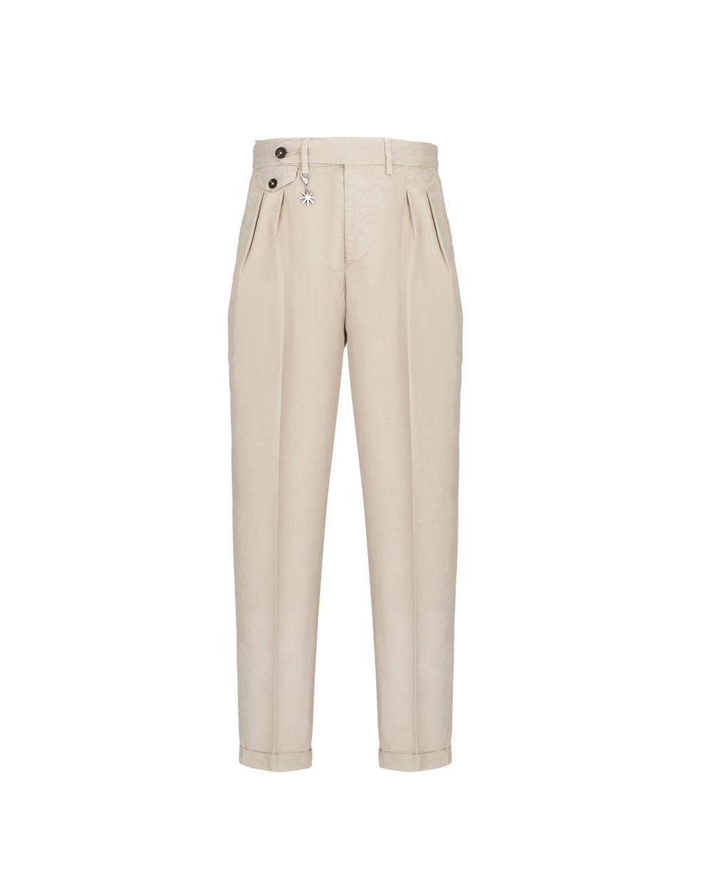 beige stretch cotton twill baggy double pleat trousers