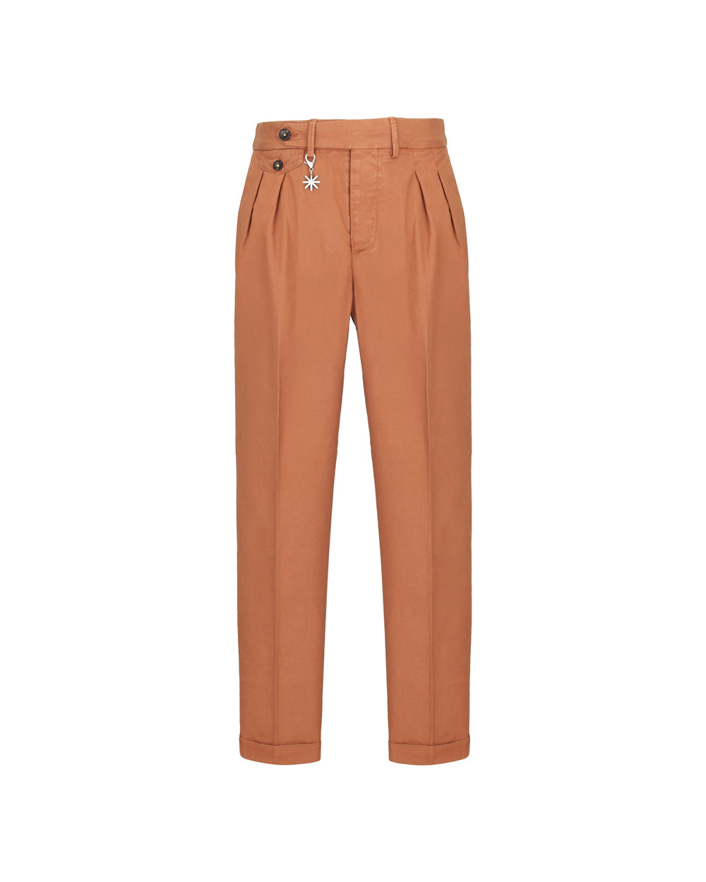 brown stretch cotton twill baggy double pleat trousers