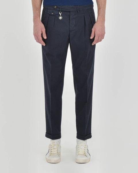 blue stretch cotton twill baggy double pleat trousers