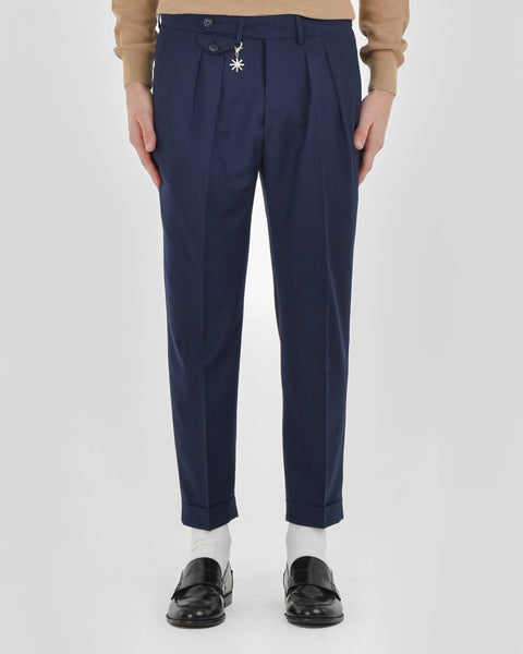 blue stretch wool baggy double pleat trousers