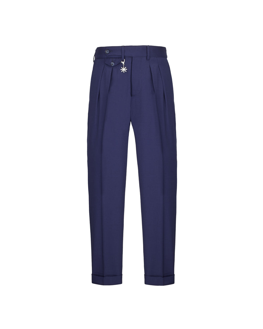 blue stretch wool baggy double pleat trousers