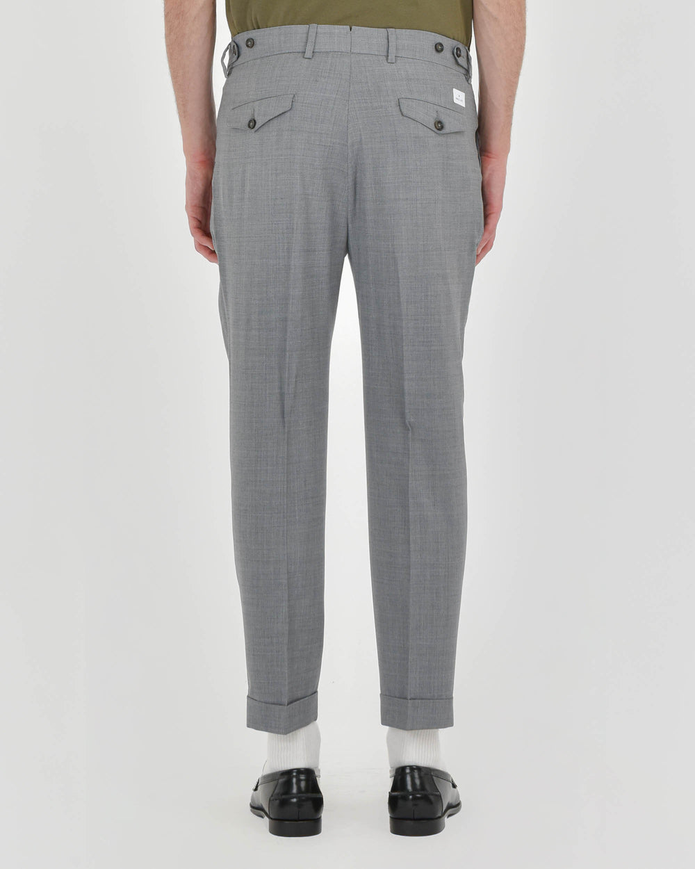 gray stretch wool baggy double pleat trousers