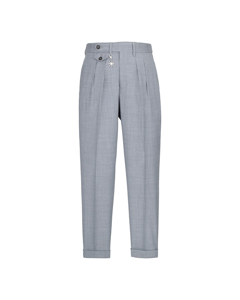 gray stretch wool baggy double pleat trousers