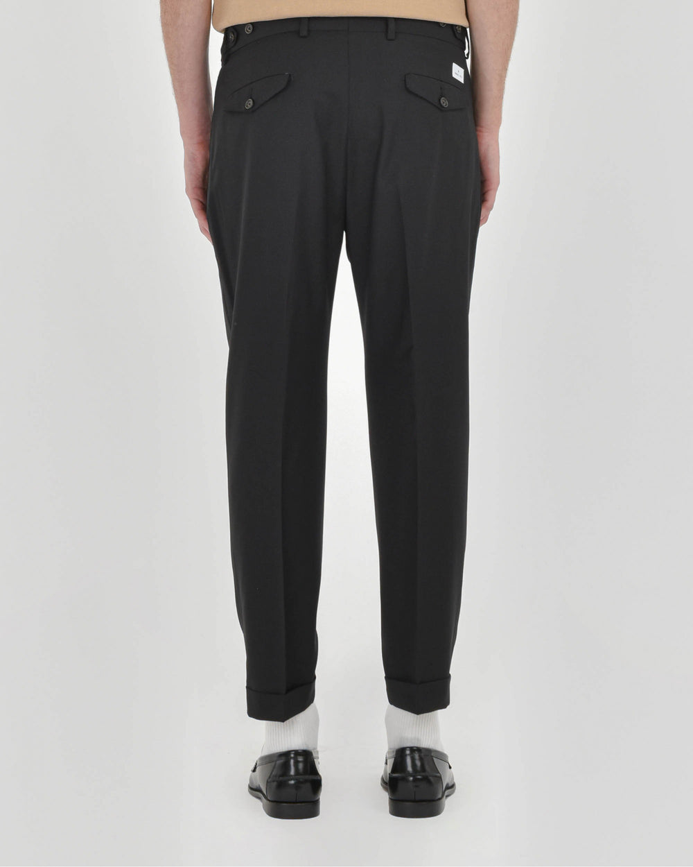 black stretch wool baggy double pleat trousers