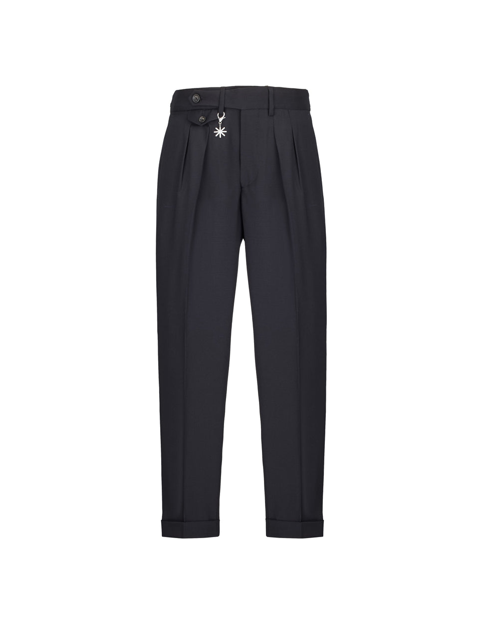 black stretch wool baggy double pleat trousers